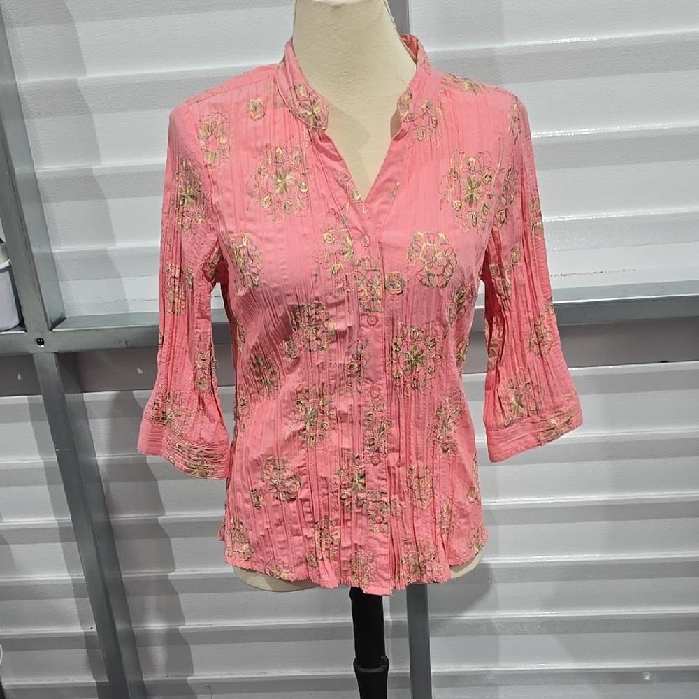 Dress Barn Pink Button Down Blouse with Mandarin Collar Size Large